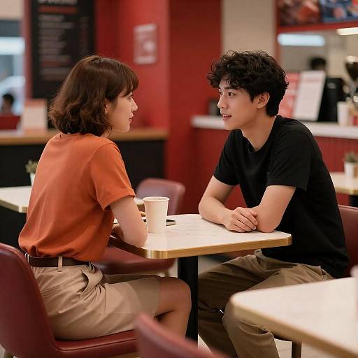 Red-Hued Café Conversation Between Two People
