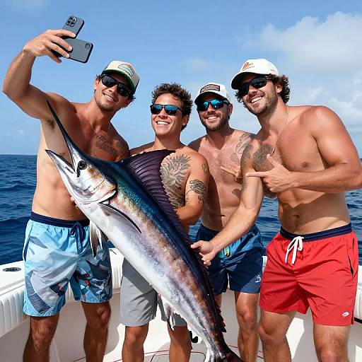 Four shirtless men in sunglasses and beachwear, holding a large fish selfie on a boat, blue ocean background, sunny day.