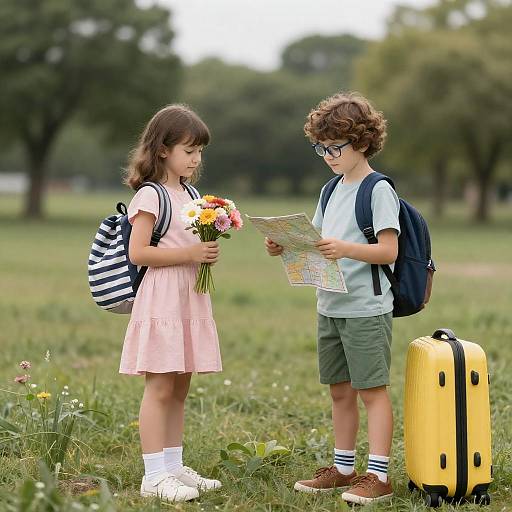 Children Exploring in a Grassy Field