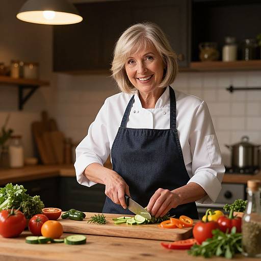 Photograph of smiling middle-aged woman with short blonde hair, wearing white shirt and black apron, chopping vegetables in a modern kitchen.
