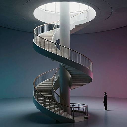 Photograph of a modern art gallery featuring a large, circular, white-lit spiral staircase with black railings, and a small, silhouet