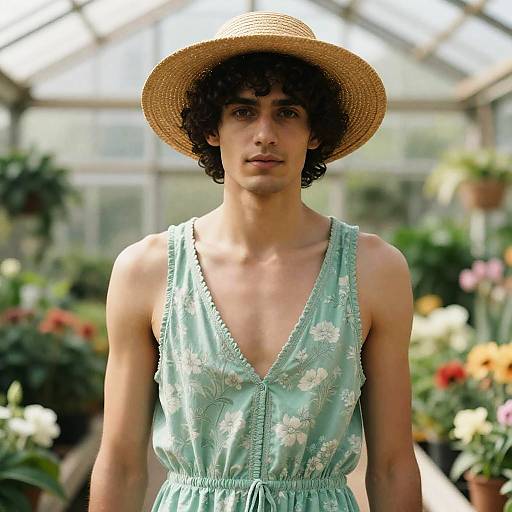 Man in Floral Sundress and Straw Hat in Greenhouse