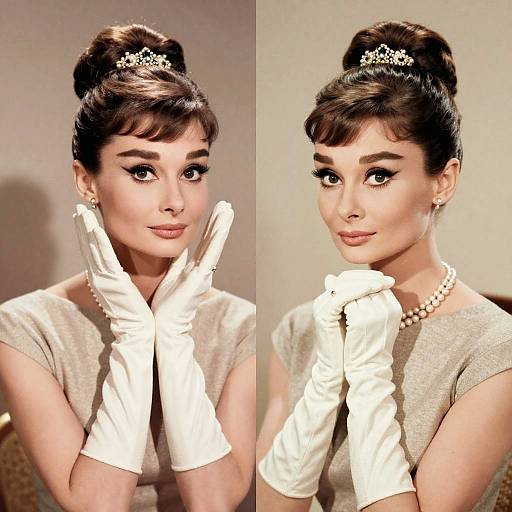 Photograph of a fair-skinned woman with dark brown hair in an updo, wearing a tiara, pearl necklace, and white gloves, smiling