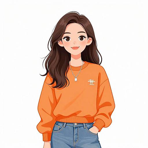 Digital illustration of a smiling young woman with long dark brown hair, wearing an orange sweater with a white logo, blue jeans, and a necklace, standing