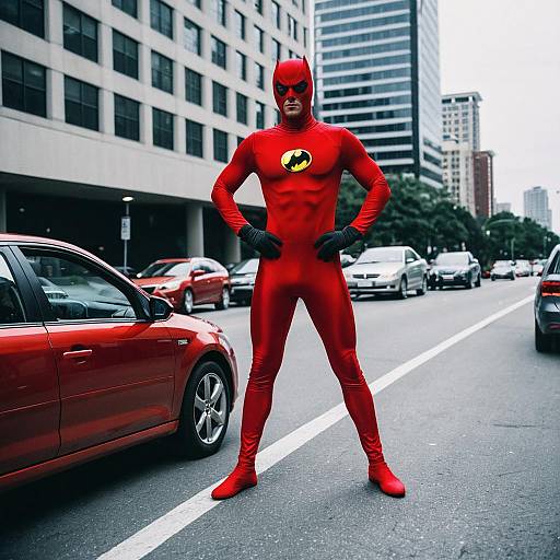 Man in Red Superhero Costume on City Street