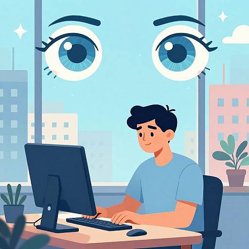 Cartoon illustration of a young man with black hair, wearing a blue shirt, working on a computer in a modern office with large windows showing city buildings