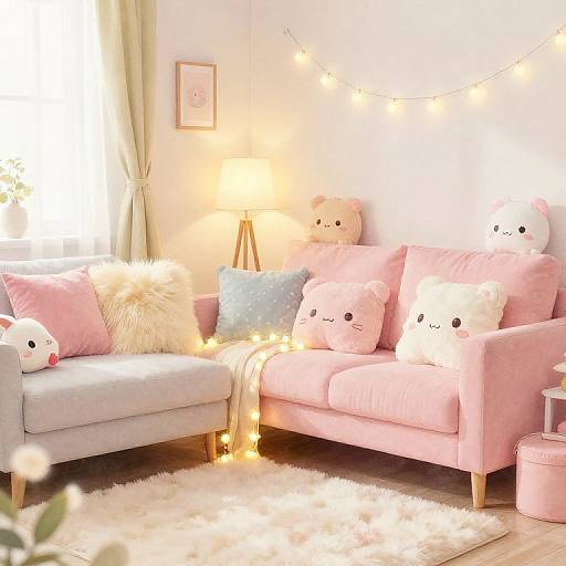 Photograph of a cozy, pastel pink living room with two cushioned sofas, stuffed animal pillows, string lights, and a soft white rug.