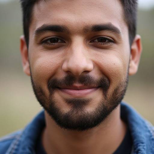 Photograph of a smiling young man with short dark hair, beard, brown eyes, and light brown skin, wearing a blue shirt. Background is blurred