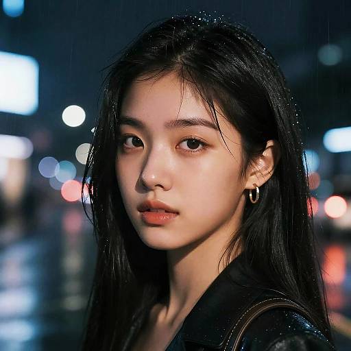 Photograph of a young Asian woman with wet black hair, wearing hoop earrings, in a night cityscape with blurred colorful lights.