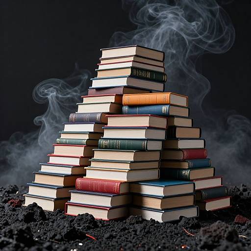 Photograph of a tall stack of colorful books with smoke rising, standing on black, rocky ground against a dark background.