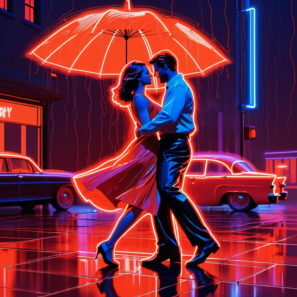 Couple Dancing in Rain: Neon Art