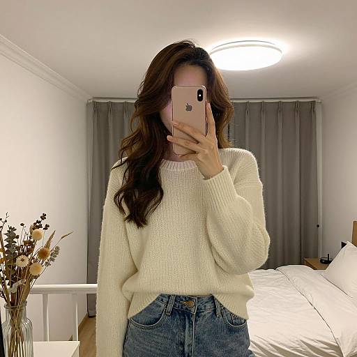 Cozy Bedroom Selfie in Neutral Tones