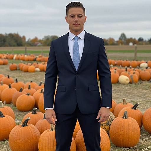 Photograph of a handsome, young Caucasian man in a black suit, white shirt, and blue tie, standing in a pumpkin field.