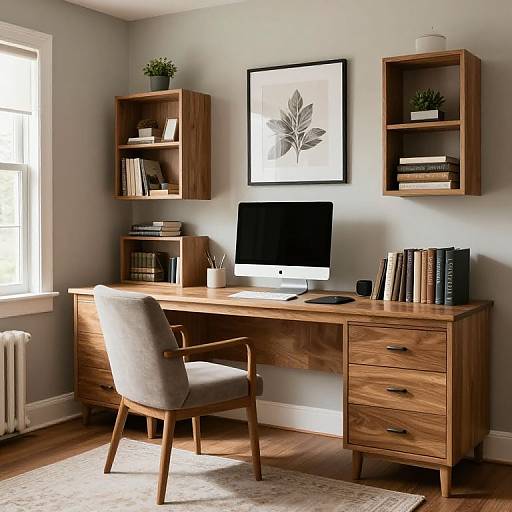 Modern wooden home office with gray chair, iMac, bookshelves, potted plants, and framed leaf artwork in a sunlit room.