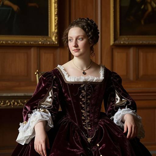 Photograph of a young, fair-skinned woman with curly dark hair, wearing an ornate, dark purple velvet dress with white lace, seated in