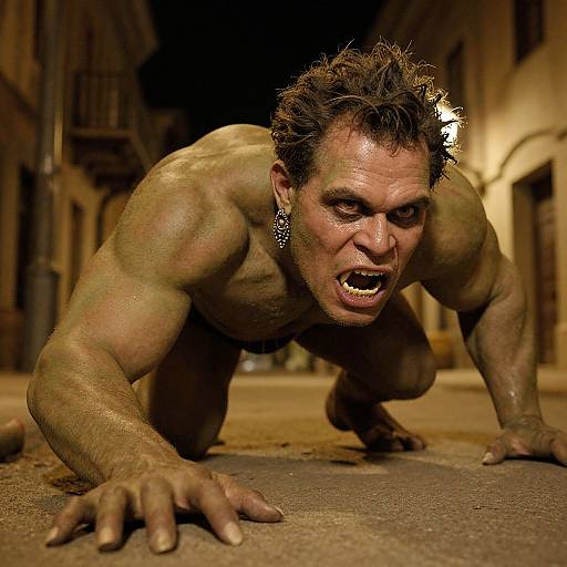 Photograph of a muscular, green-skinned man with wild hair and earrings, crouching menacingly on a dimly lit, narrow street at