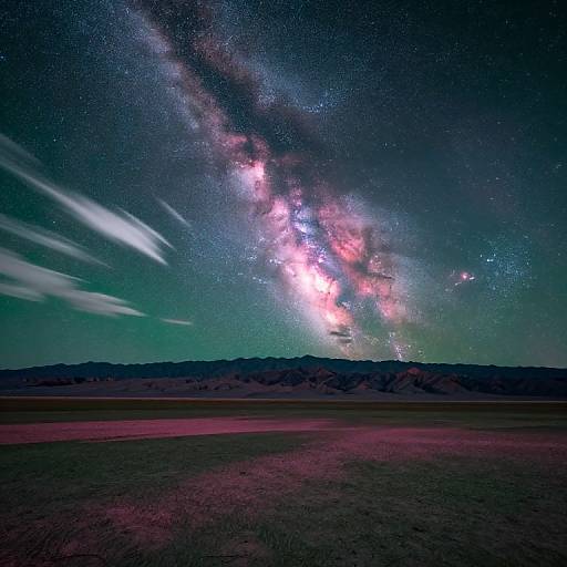Photograph of a starry night sky with the Milky Way galaxy prominently displayed, bright stars, and nebulae above a dark, flat desert landscape