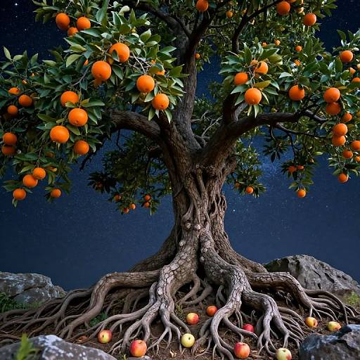 Cosmic Gnarled Tree with Orange Fruits