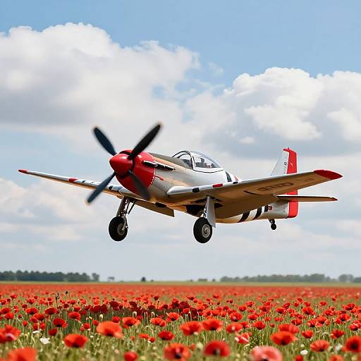 Photograph of a red and silver vintage propeller airplane flying over a vibrant red poppy field with a blue sky and white clouds.