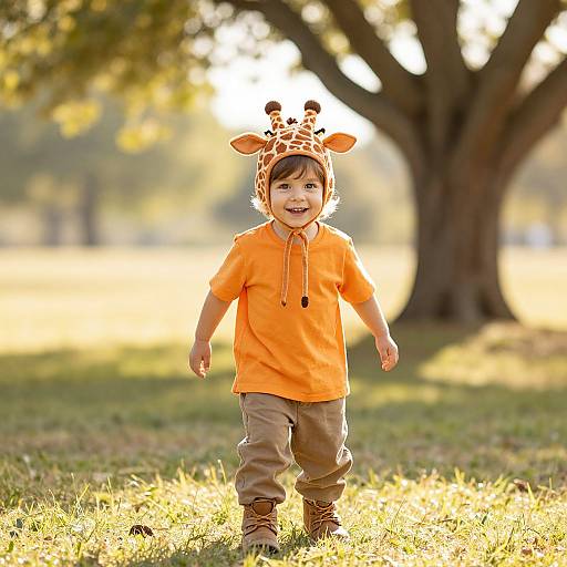 Photograph of a smiling young boy in an orange shirt and giraffe hat, walking on a sunlit grassy field with a large tree in the