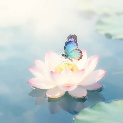 Photograph of a blue and black butterfly perched on a glowing pink lotus flower floating on serene, reflective blue water.
