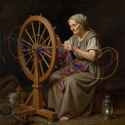 Photograph-style digital painting of an elderly woman with wrinkled skin, white hair in a headscarf, spinning colorful yarn on a wooden spindle,