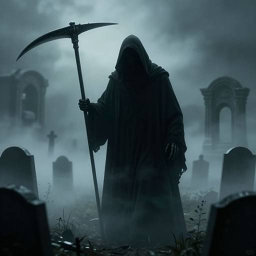 Ominous Grim Reaper in Misty Graveyard