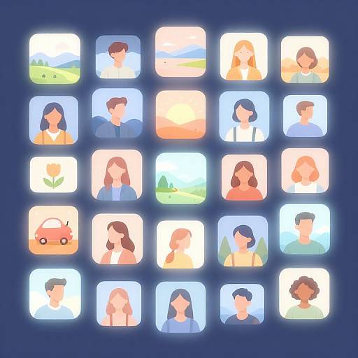 Digital illustration of 16 glowing, square, face icon buttons with diverse individuals, each in a different background and attire.