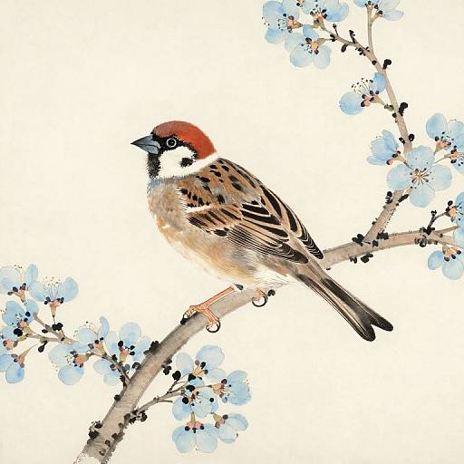 Traditional Ink Painting of Sparrow on Blossom Branch