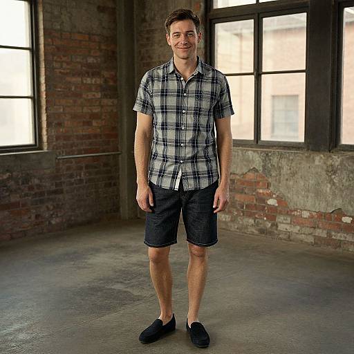 Photograph of a smiling young man with short brown hair, wearing a gray plaid shirt, black shorts, and black slip-on shoes, standing in
