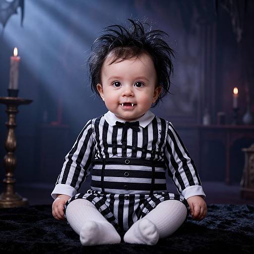 Photograph of a smiling baby with messy black hair, wearing a black and white striped outfit, white tights, and sitting on a dark carpet in