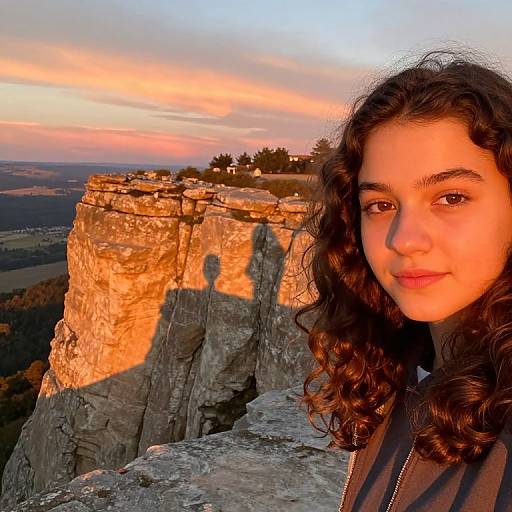Photograph of a young woman with curly brown hair, warm orange sunset lighting, and rocky cliff background, shadowed silhouette on rock.
