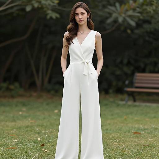 Photograph of a slender woman with long brown hair in a white, sleeveless, V-neck jumpsuit, standing in a lush green garden, with