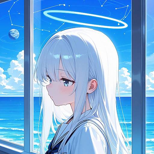 Haloed White-Haired Girl by Ocean Window