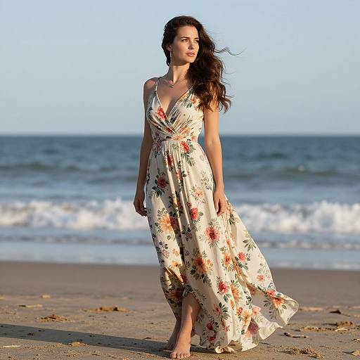 Photograph of a beautiful woman with long brown hair in a flowing, floral, sleeveless dress walking on a sandy beach with waves in the background.