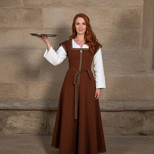Photograph of a smiling red-haired woman in medieval brown dress and white shirt, holding a tray against a stone wall.