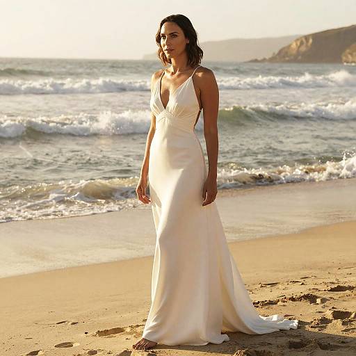 Photograph of a beautiful woman with dark hair in a white, deep V-neck, sleeveless wedding gown standing on a sunlit beach with gentle waves