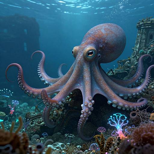 Photograph of a large, pinkish-purple octopus with expressive eyes, swimming amidst vibrant underwater coral and ruins in a blue ocean.