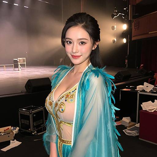 Photograph of an Asian woman with fair skin, black hair in a bun, wearing a blue feathered sheer robe over a revealing gold-embell