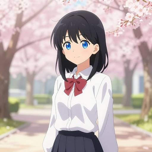 Anime Girl in Cherry Blossom Schoolyard