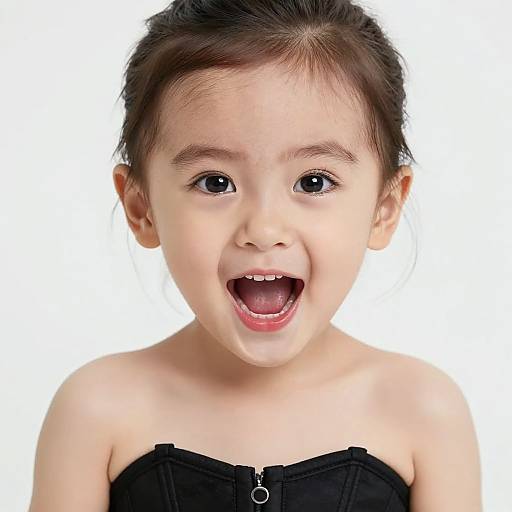 Photograph of a young Asian girl with dark hair, wide-open mouth in surprise, wearing a black strapless corset, against a white background.