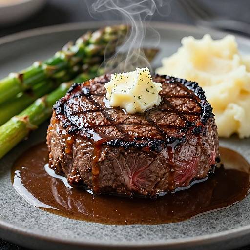 Photograph of a perfectly grilled, juicy steak with seared edges, topped with a pat of melted butter, served with roasted asparagus and creamy mashed
