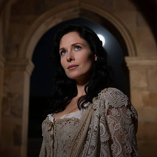 Photograph of a Caucasian woman with long, wavy black hair, wearing an ornate, lace-trimmed, beige blouse, standing in a