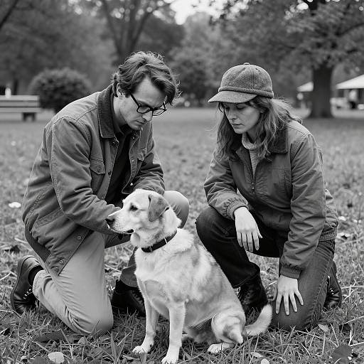 Black and White Photo of Couple Kneeling with Dog in Park