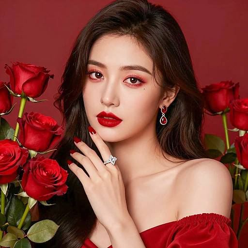 Elegant Woman with Red Roses and Jewelry