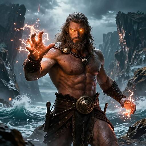 Digital artwork of a muscular, bearded man with glowing orange eyes, conjuring electricity in rocky, stormy seascape; wearing leather armor and belt
