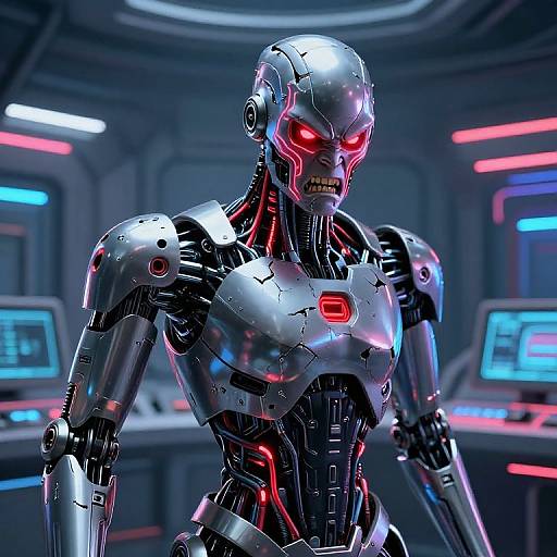 CGI image of a futuristic, silver robotic humanoid with glowing red eyes and neon red accents, standing in a high-tech control room with blue and red