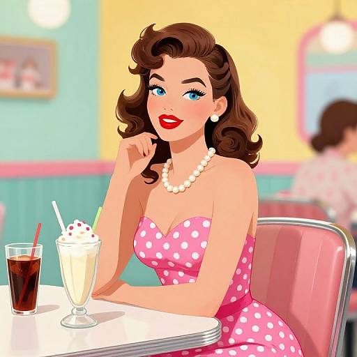 Vintage-style digital illustration of a stylish woman with blue eyes, red lipstick, and wavy brown hair in a pink polka dot dress, sitting at