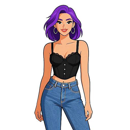 Digital illustration of a smiling woman with purple hair, wearing a black lace-trimmed crop top and blue high-waisted jeans.