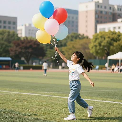 Photograph of an Asian girl with black hair, wearing a white T-shirt and blue jeans, joyfully running on a grassy field, holding colorful